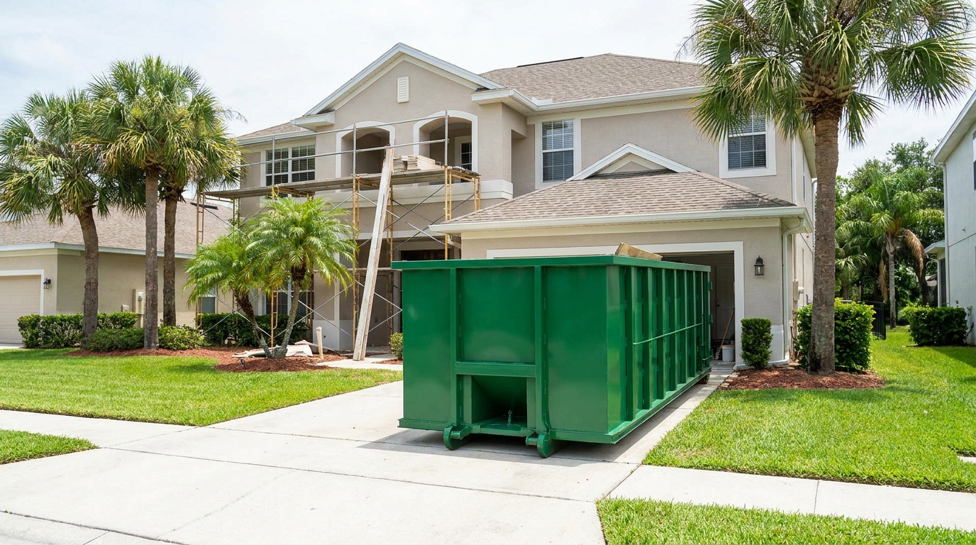 Roll-off dumpster on a driveway in Boca Raton
